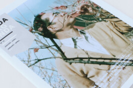 front cover of the mudam magazine which displays a man between cherry blossoms. 